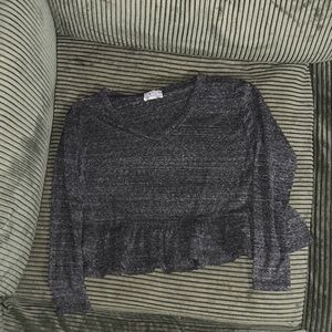 Poof Apparel Charcoal Grey V-Neck Sweater with Ruffle Hem